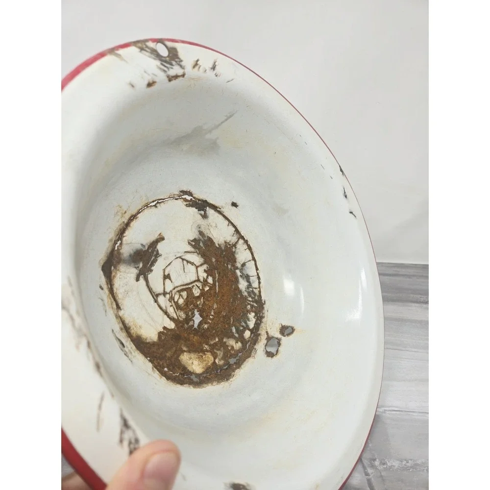 VTG White Red Enamelware Basin Bowl Antique Primitive Farm  12